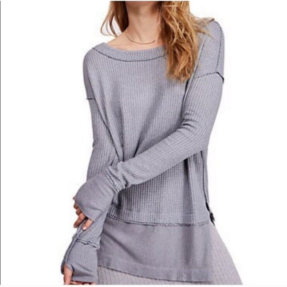 We The Free Womens Tunic Top Medium Storm Gray Waffle Knit Raw Edges Thumb Holes